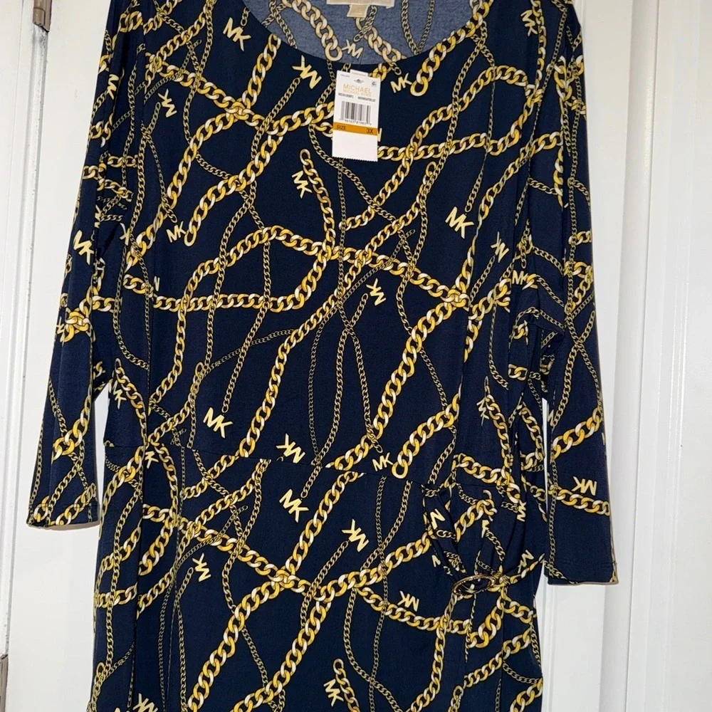 Michael Kors Black and Gold Chain Print Blouse New Plus 3x